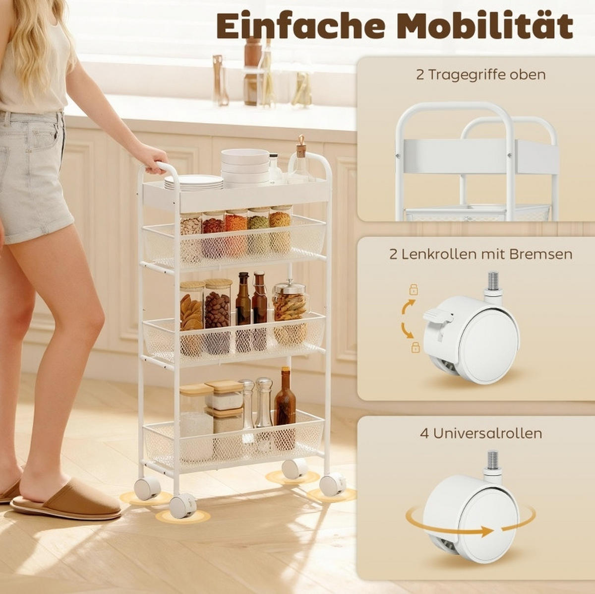 KÜCHENWAGEN mit 3 Körben 43,2 x 19 x 80 cm Metall Weiß - Weiß, Metall (19/80/43.2cm) - Beauniv