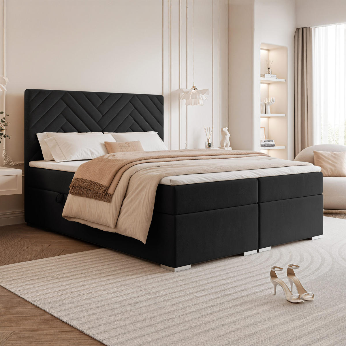 BOXBETT NEREA 160/200 cm mit Matratze und Topper, Schwarz - Schwarz, Textil (160/200cm) - Idohome