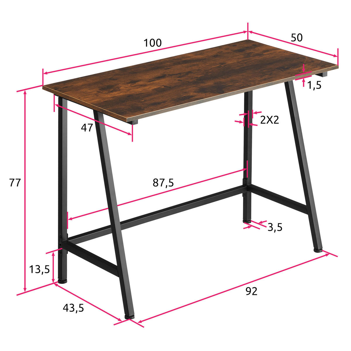 SCHREIBTISCH Newton,100 x 50 x 77 cm,Industrial Holz dunkel, rustikal - Rostfarben, Holzwerkstoff (100/50/77cm) - tectake