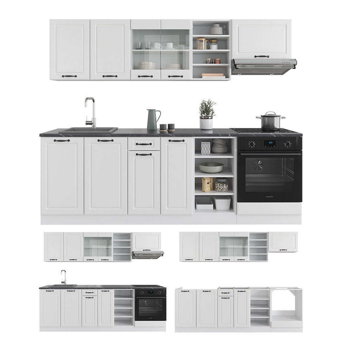 KÜCHENZEILE R-Line Weiß Landhaus/Weiß 240 cm ohne AP - Creme/Weiß, Holzwerkstoff (240/81.6/46cm) - Vicco