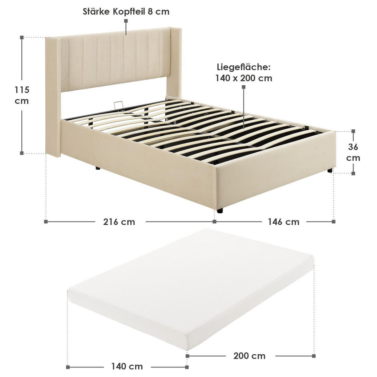 POLSTERBETT Savona mit Matratze 140 x 200 cm beige - Beige, Holzwerkstoff (140/200cm) - Juskys