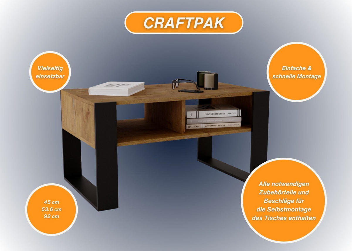 COUCHTISCH Holzwerkstoff rechteckig stabil Nussbaumfarben 45/53,6/92cm - Nussbaumfarben/Schwarz, Holzwerkstoff (53.6/92/45cm) - CraftPAK