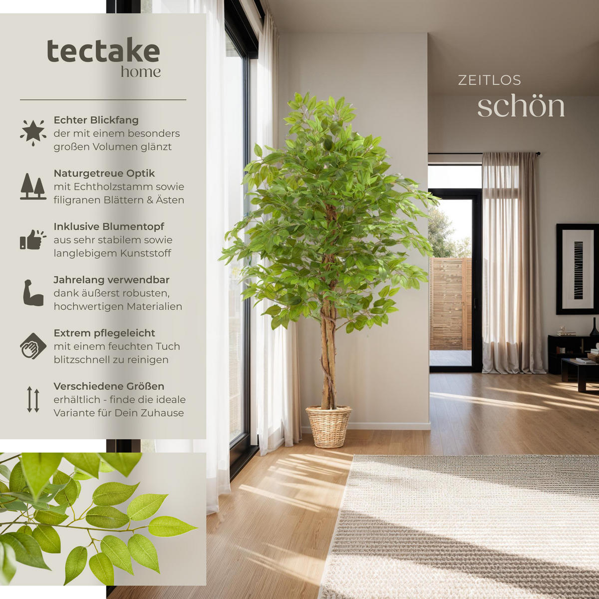 KÜNSTLICHER-FICUSBAUM Fida,stabiler Kunststoff-Blumentopf,grün - Grün, Kunststoff (160cm) - tectake
