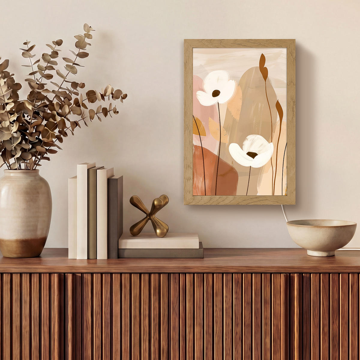 WANDLEUCHTE Blumen - Abstrakt - Beige - Strichzeichnung 20x30 cm - Sandfarben, Holzwerkstoff (20/30/8cm) - OnlyWow