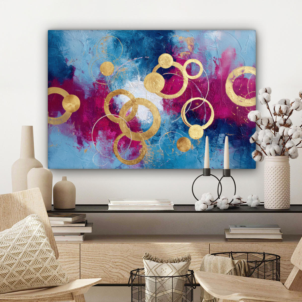 LEINWANDBILD Kreise - Gold - Abstrakt Gemälde 60x40 cm - Blau, Textil (60/40cm) - MuchoWow