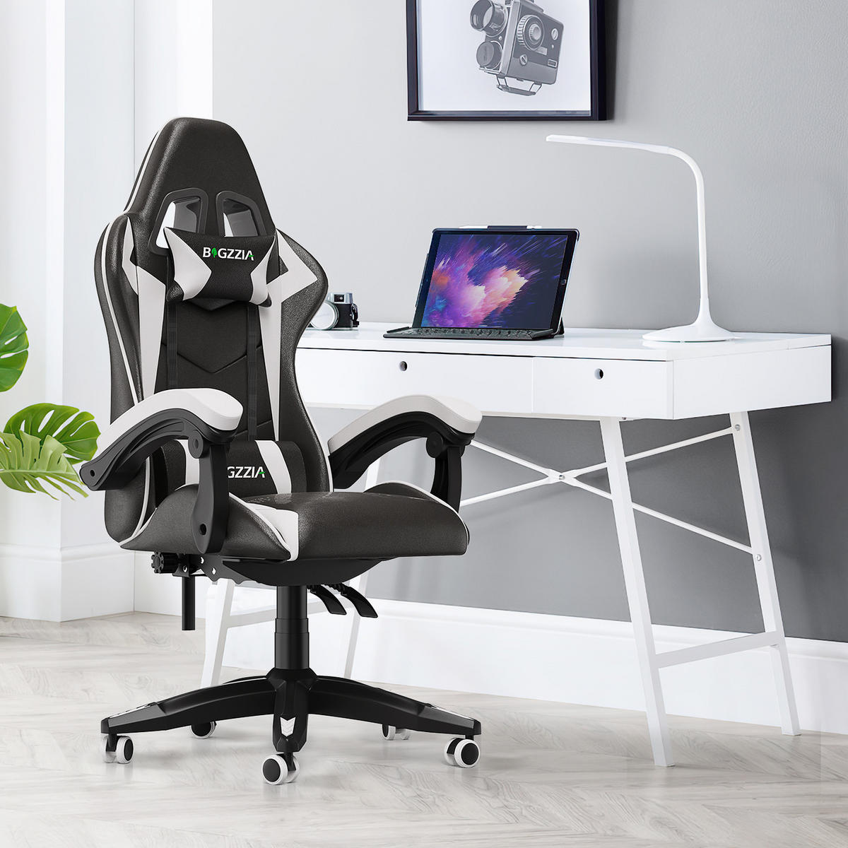 GAMING-STUHL ergonomisch, verstellbare Rückenlehne, Kissen – Schwarz/Weiß - Weiß, Leder (59/120/56cm) - Rattantree