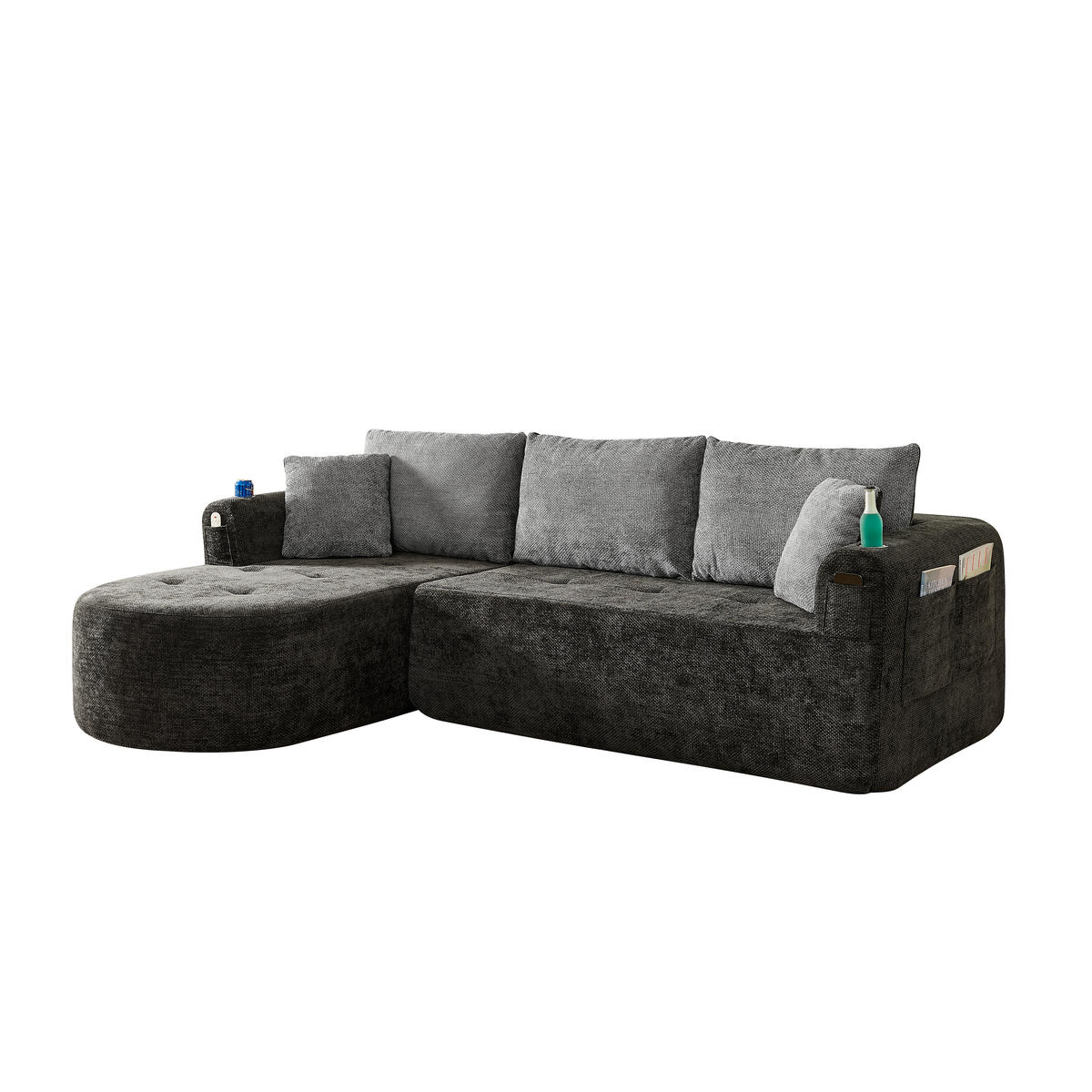 ECKSOFA DE-35043 L-Form mit Becherhalter Schwarz - Schwarz, Textil (170/255cm) - ComfortXL