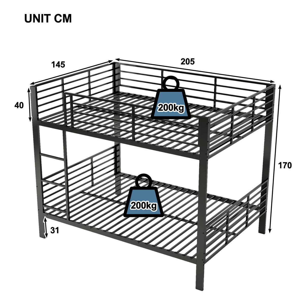 ETAGENBETT 140/200 cm DE-33078 mit Rausfallschutz und Leiter Schwarz - Schwarz, Metall (140/200cm) - ComfortXL