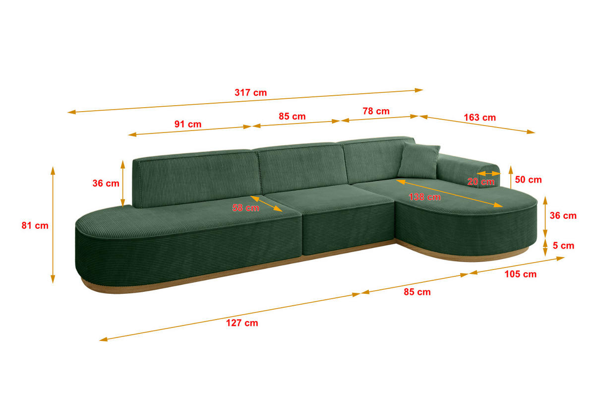 ECKSOFA Ottomane Rechts MARI-L2-v2 - 328x171x83 cm Grün Cord - Grün, Holzwerkstoff/Textil (171/328cm) - ALTDECOR