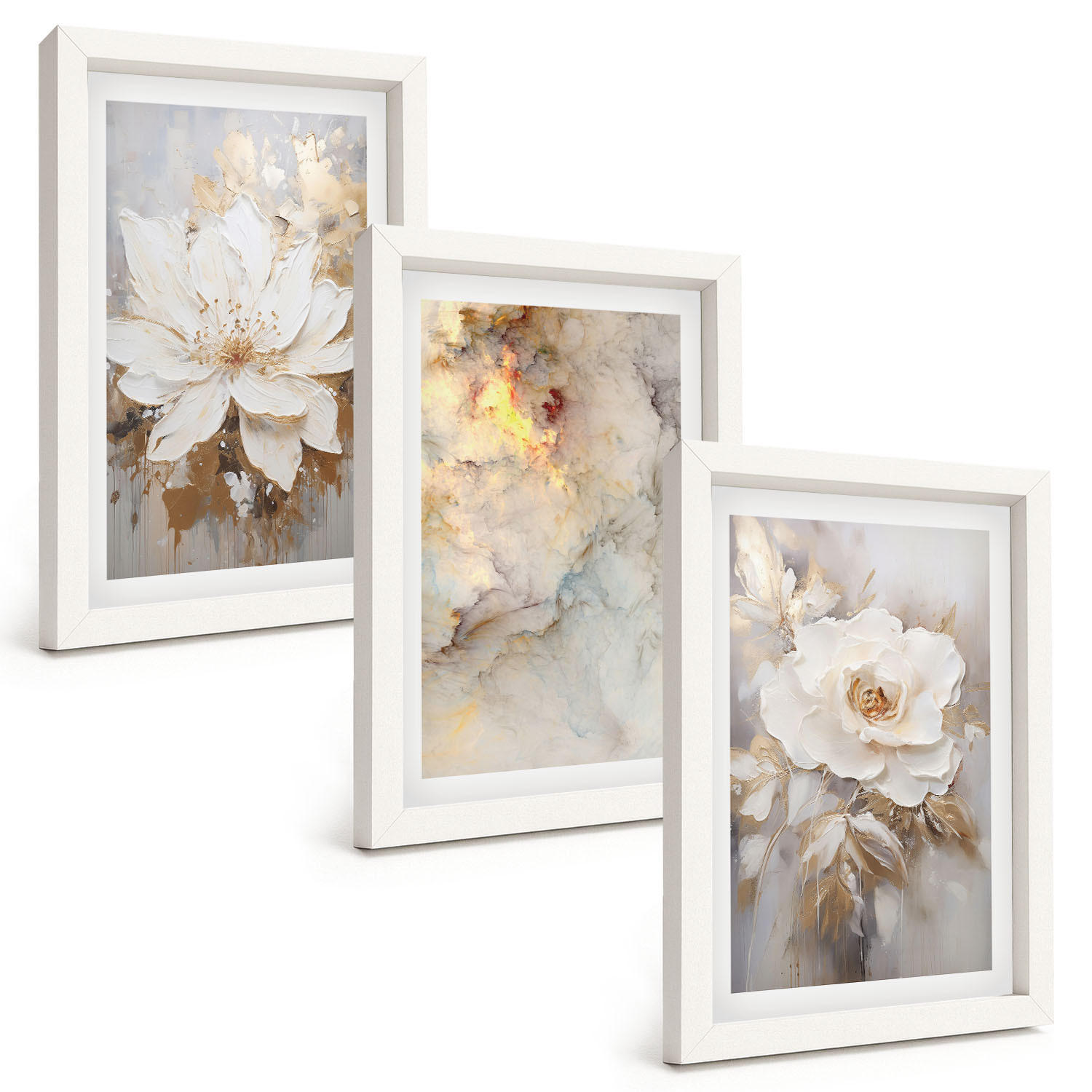 BILDER SET 3er Set - 20x30 cm Weißer Rahmen - Blumen heller abstrakter Hintergrund - Weiß, Kunststoff (20/30cm) - TULUP