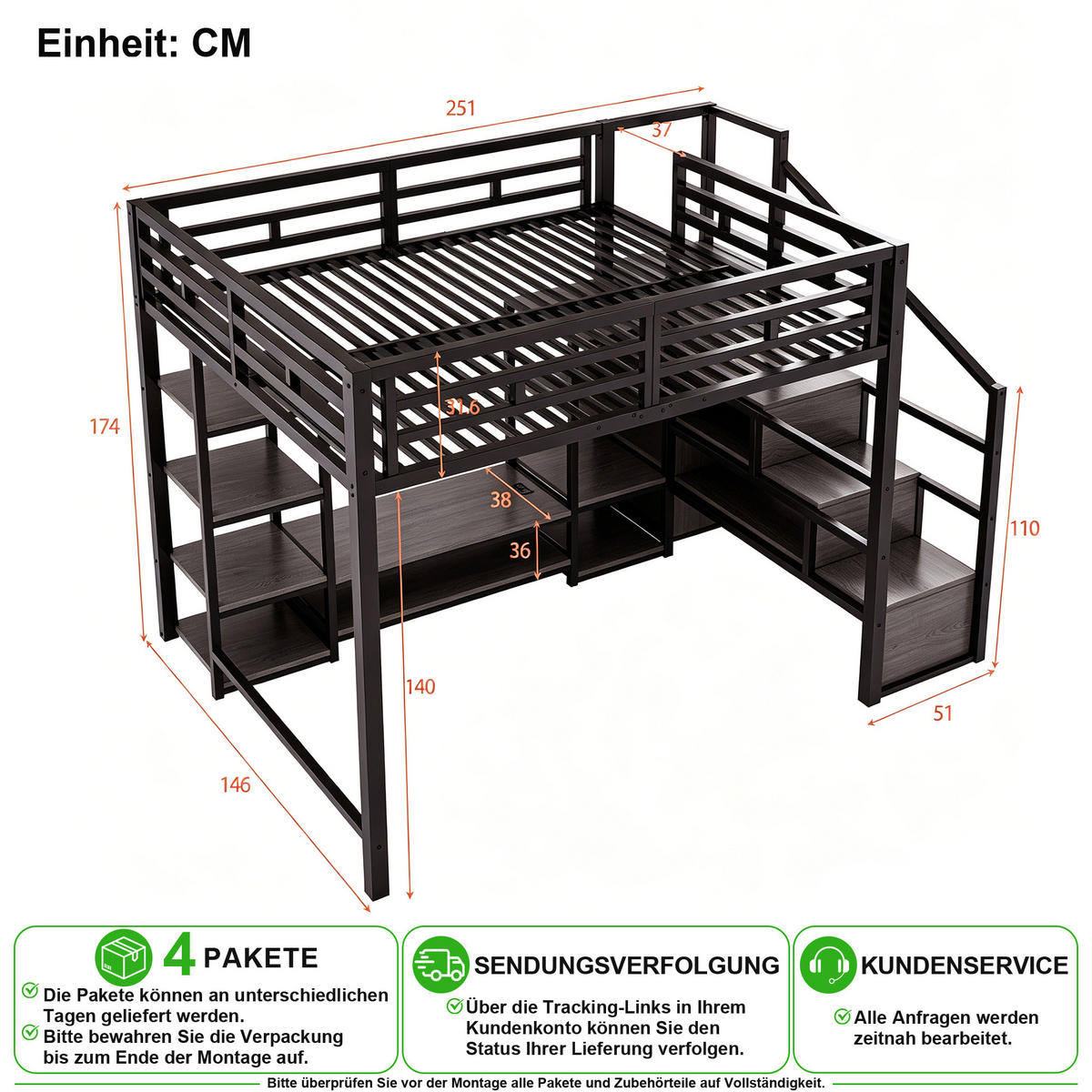 VYVÝŠENÁ POSTEL 140/200 cm v černé barvě s TV stojanem a zásuvkou - černá, kov/kompozitní dřevo (140/200cm) - CHICFURN