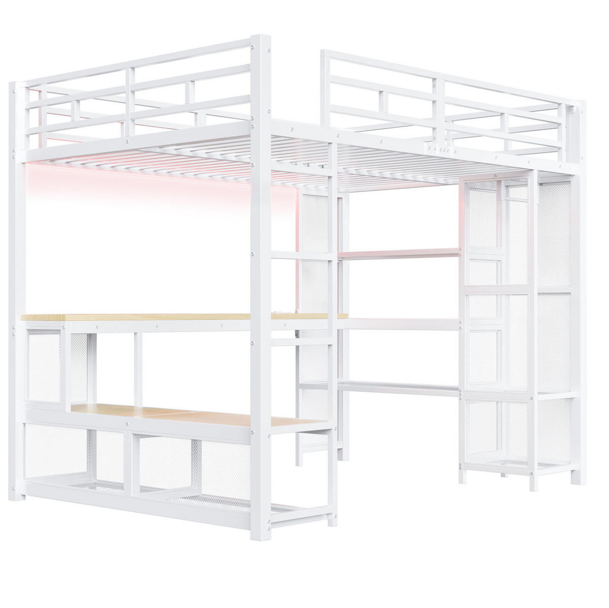 HOCHBETT 140x200 cm in Weiß mit Schreibtisch, offenem Kleiderschrank und LED-Beleuchtung - Weiß, Holzwerkstoff (140/200cm) - IVMEU