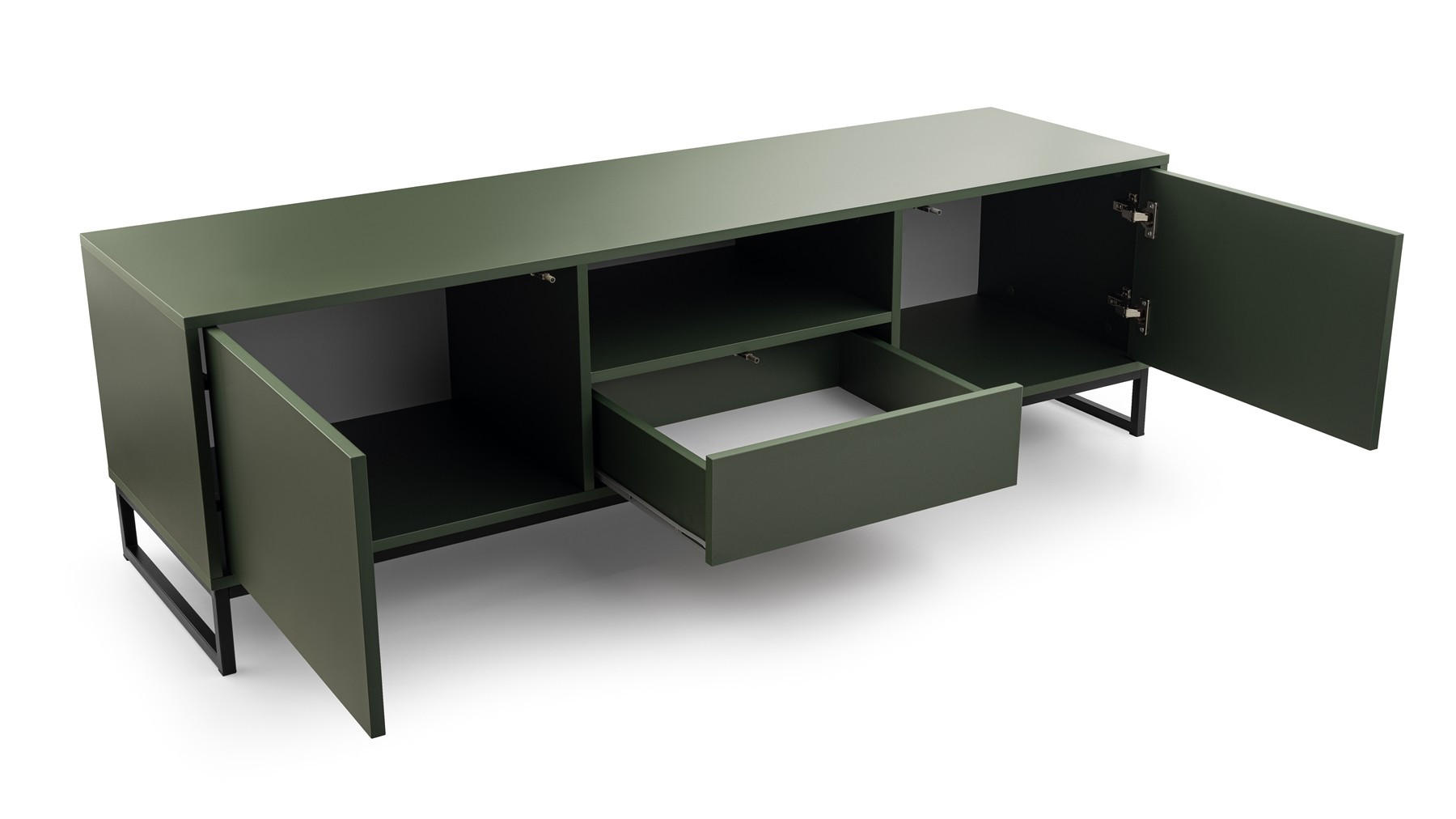 TV-ELEMENT GENUA Flaschengrün, Schwarzer Rahmen, 2 Türen, 1 Schublade - Grün, Holzwerkstoff (160/48/45cm) - Bettso