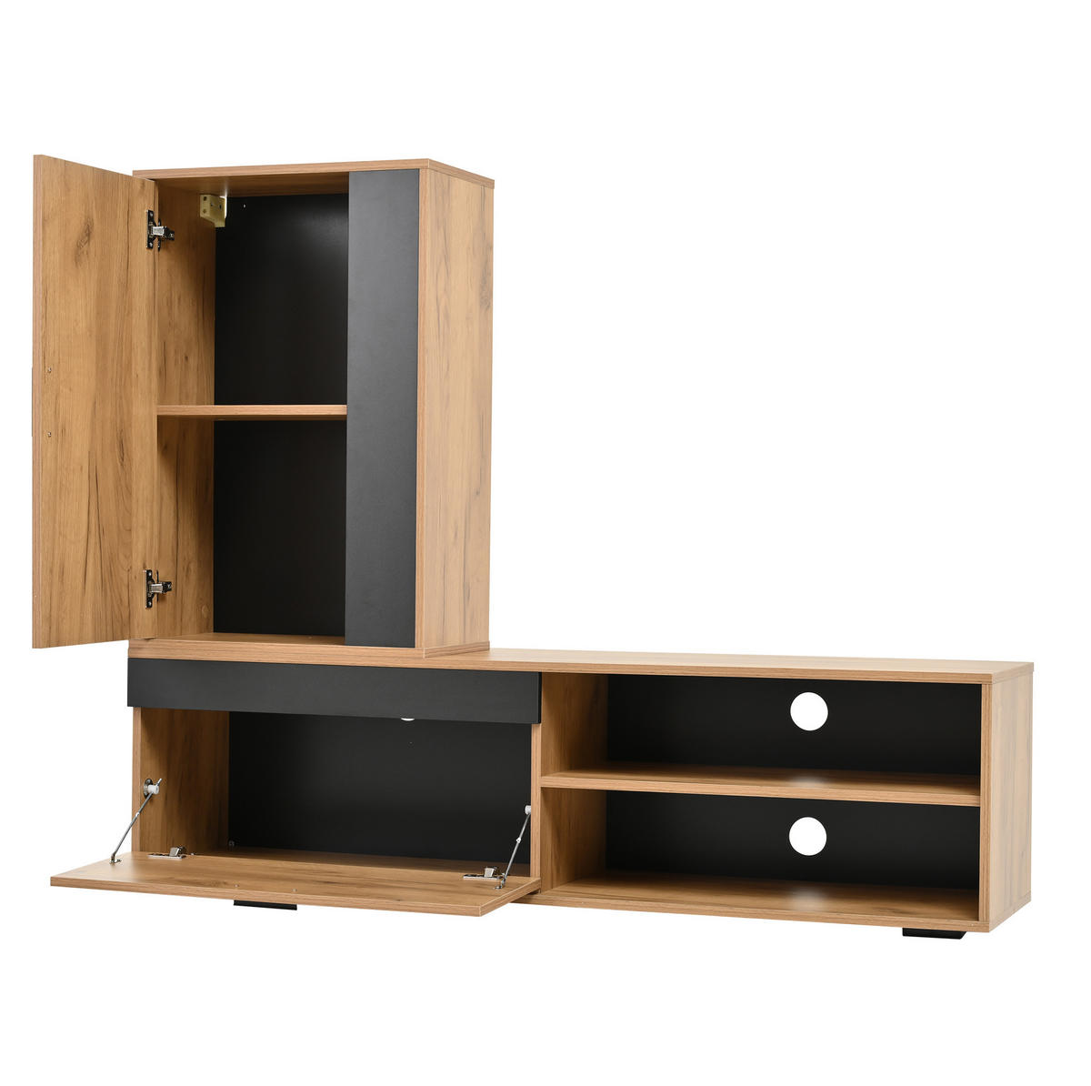 SET TV elemenata 140/35/39 cm hrast i crna od iverala s visećim ormarićem i zidnom policom - prirodne boje, drvni materijal (140/39/35cm) - OKWISH