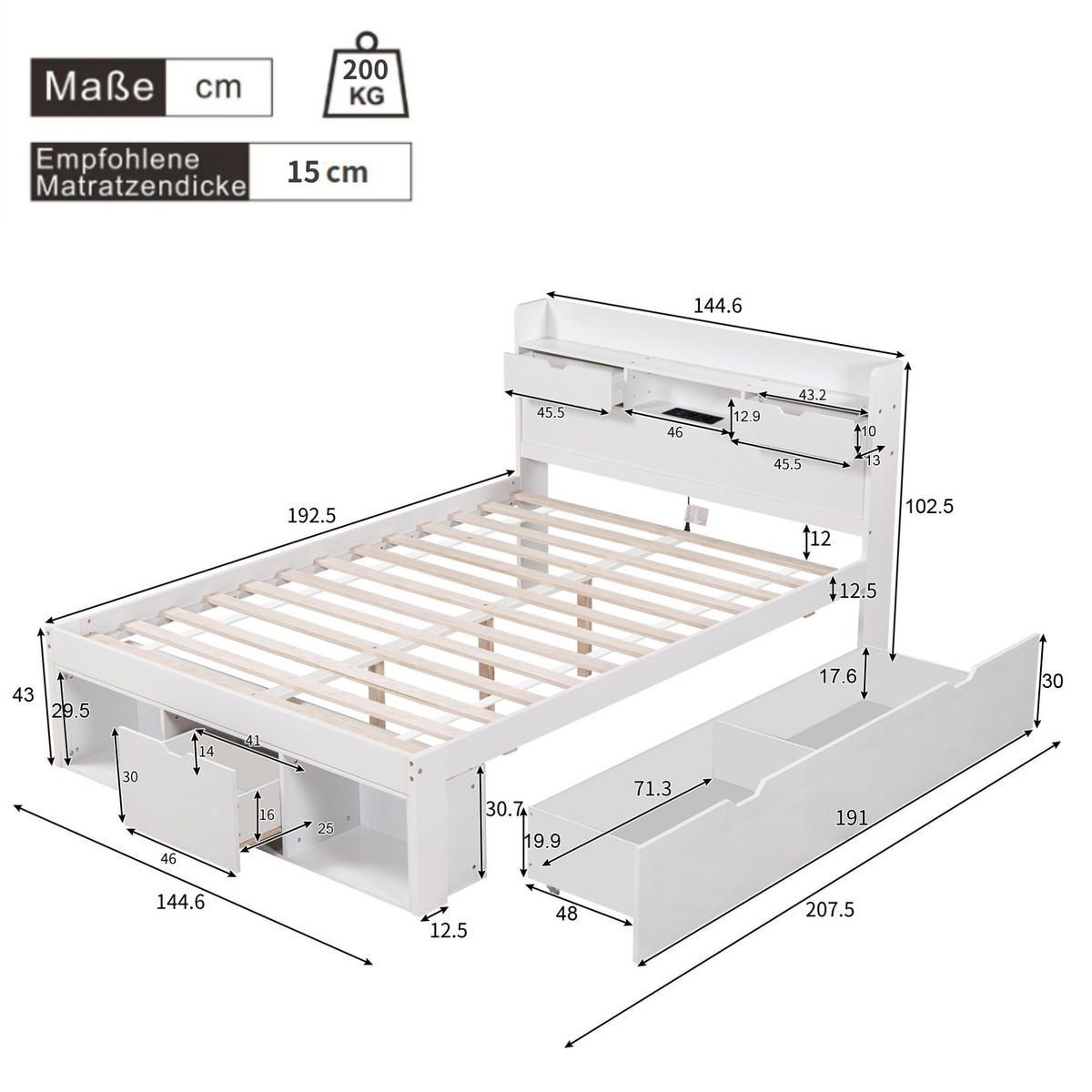 DOPPELBETT 140/190 cm Weiß mit USB-Port und Schubladen - Weiß, Holz (140/190cm) - OKWISH
