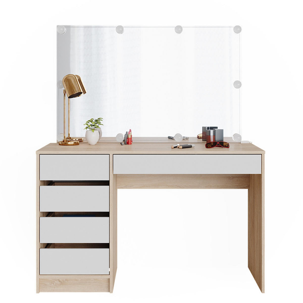 SCHMINKTISCH Sherry Weiß/Sonoma 120 cm mit LED Beleuchtung - Weiß/Sonoma Eiche, Holzwerkstoff (120/75/55cm) - Vicco