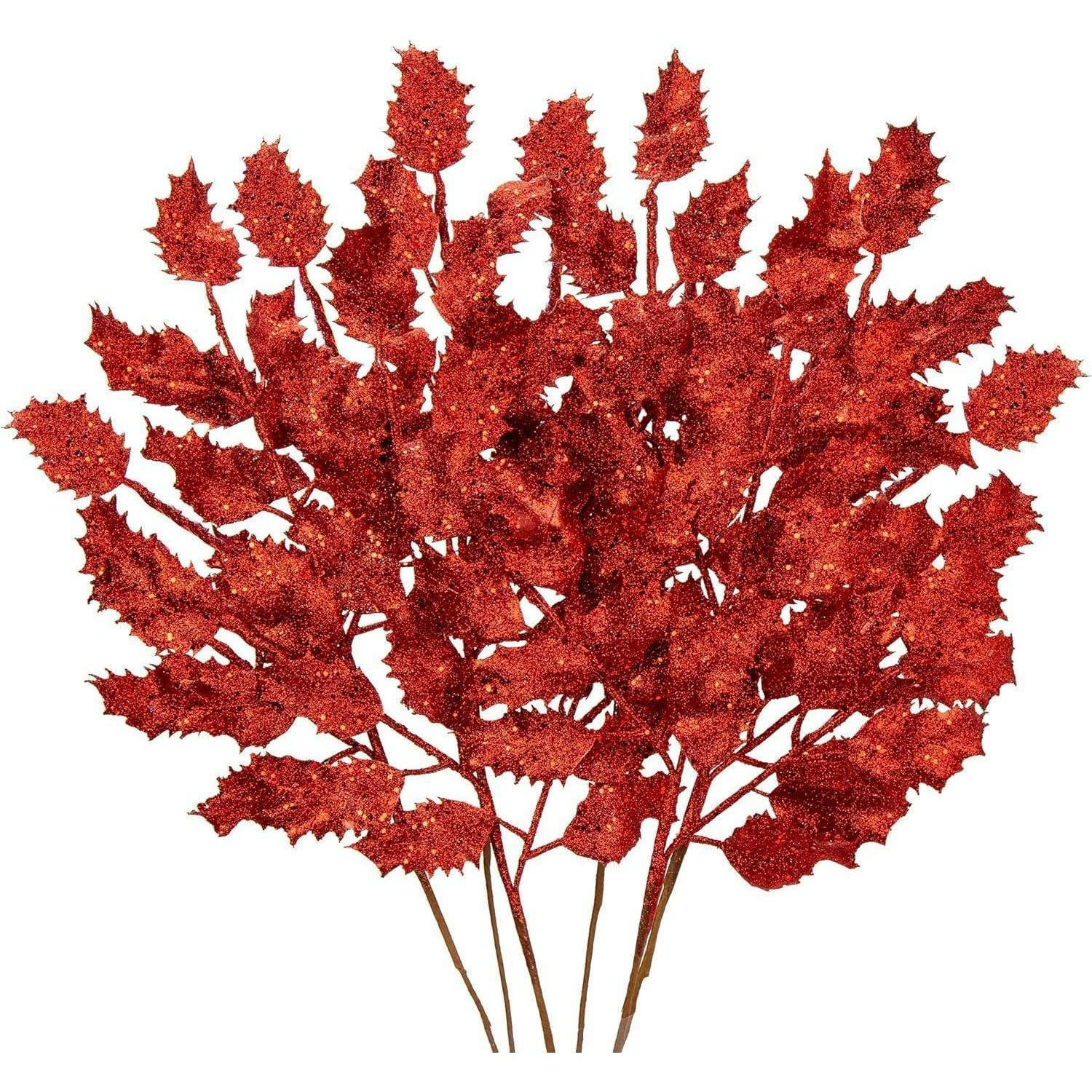 KUNSTZWEIG 6-teiliges Set Glitzernde Eichenblätter Rot 58 cm - Rot, Kunststoff (8cm)