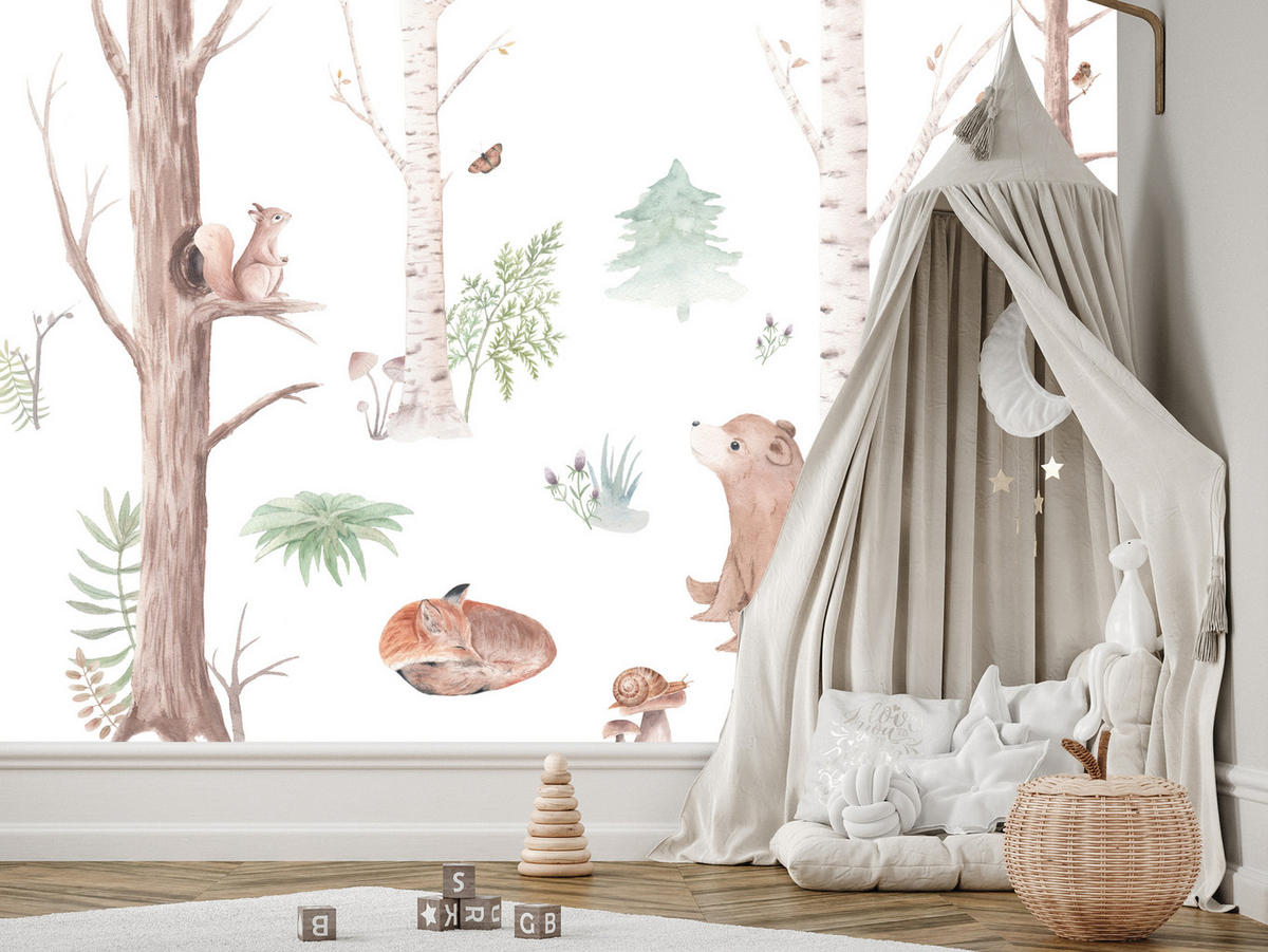 FOTOTAPETE für Kinderzimmer Wilde Waldtiere Aquarell Bäume 500x350 - Orange/Braun, Papier (500/350cm) - Muralo