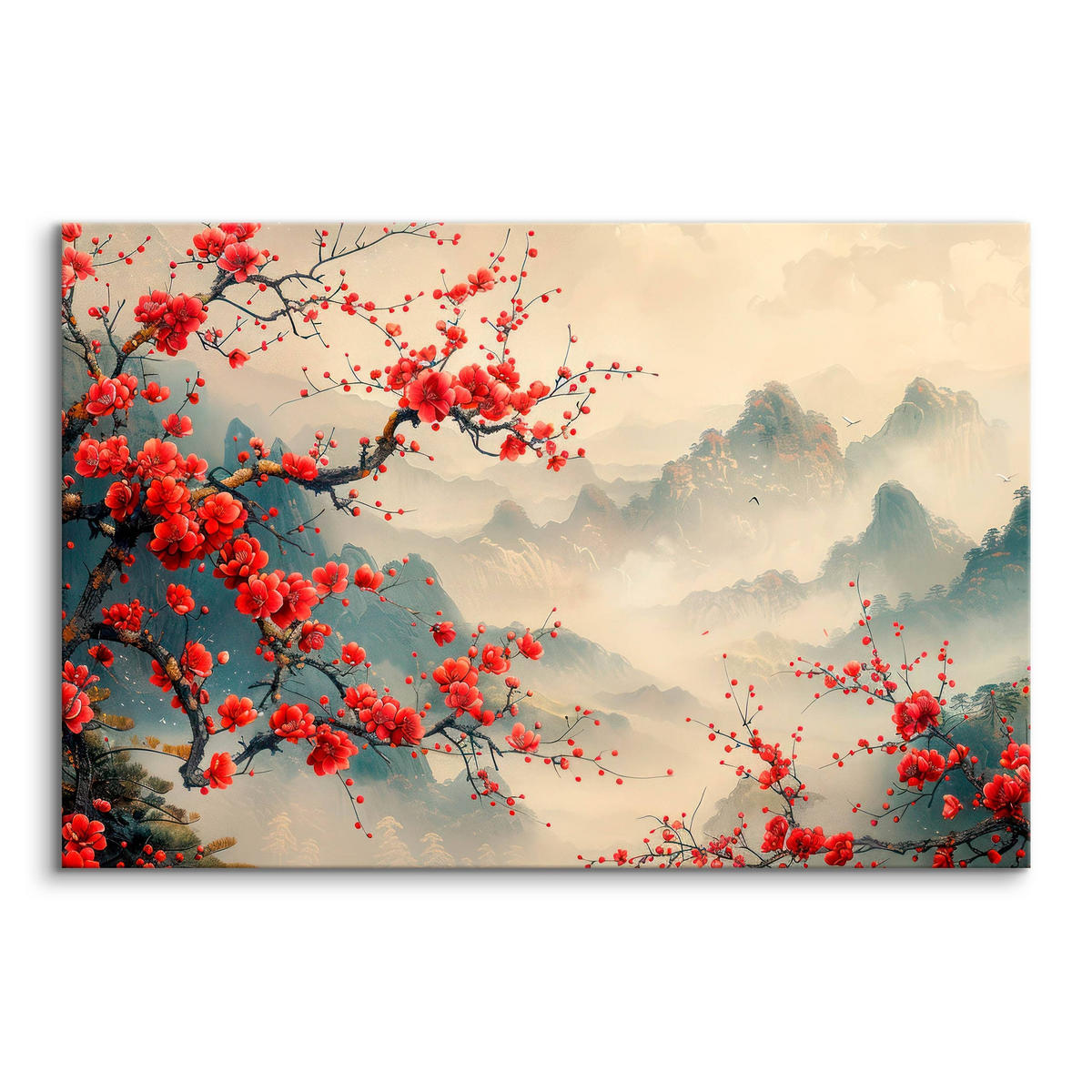 LEINWANDBILD für Wohnzimmer Blumen Berge Landschaft 120cm x 80cm - Beige/Rot, Textil (120/80cm) - Muralo