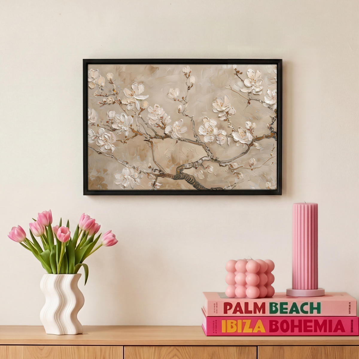 LEINWAND Bilder mit Rahmen - Blumen - Modern - Beige - Weiß - Blüte - 30x20 - Beige, Textil (30/20cm) - MuchoWow