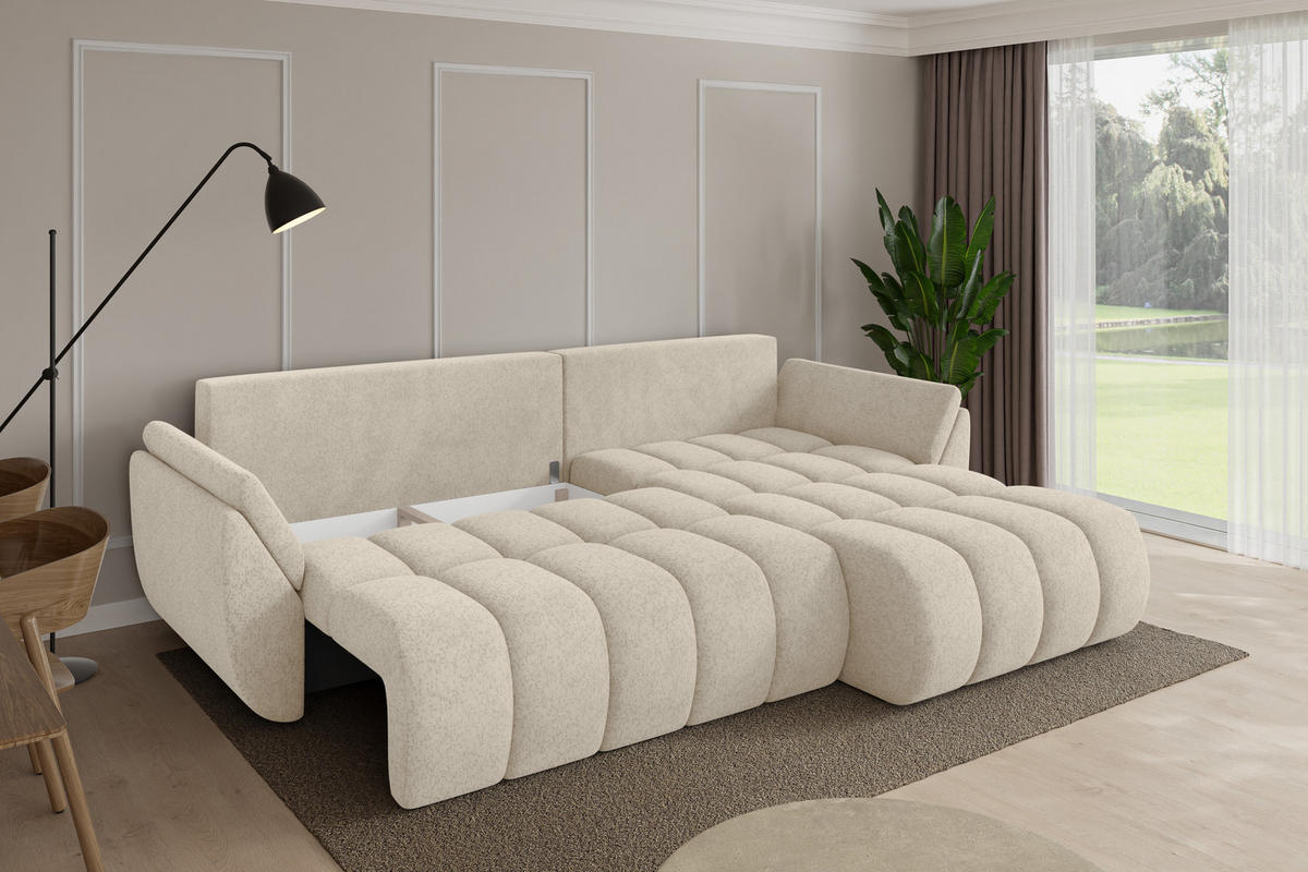 ROHOVÁ SEDAČKA s funkcí spaní, otoman vpravo TOKO-L-v1 277x194x86 krémová velur - černá/krémová, kompozitní dřevo/textil (277/194cm) - ALTDECOR