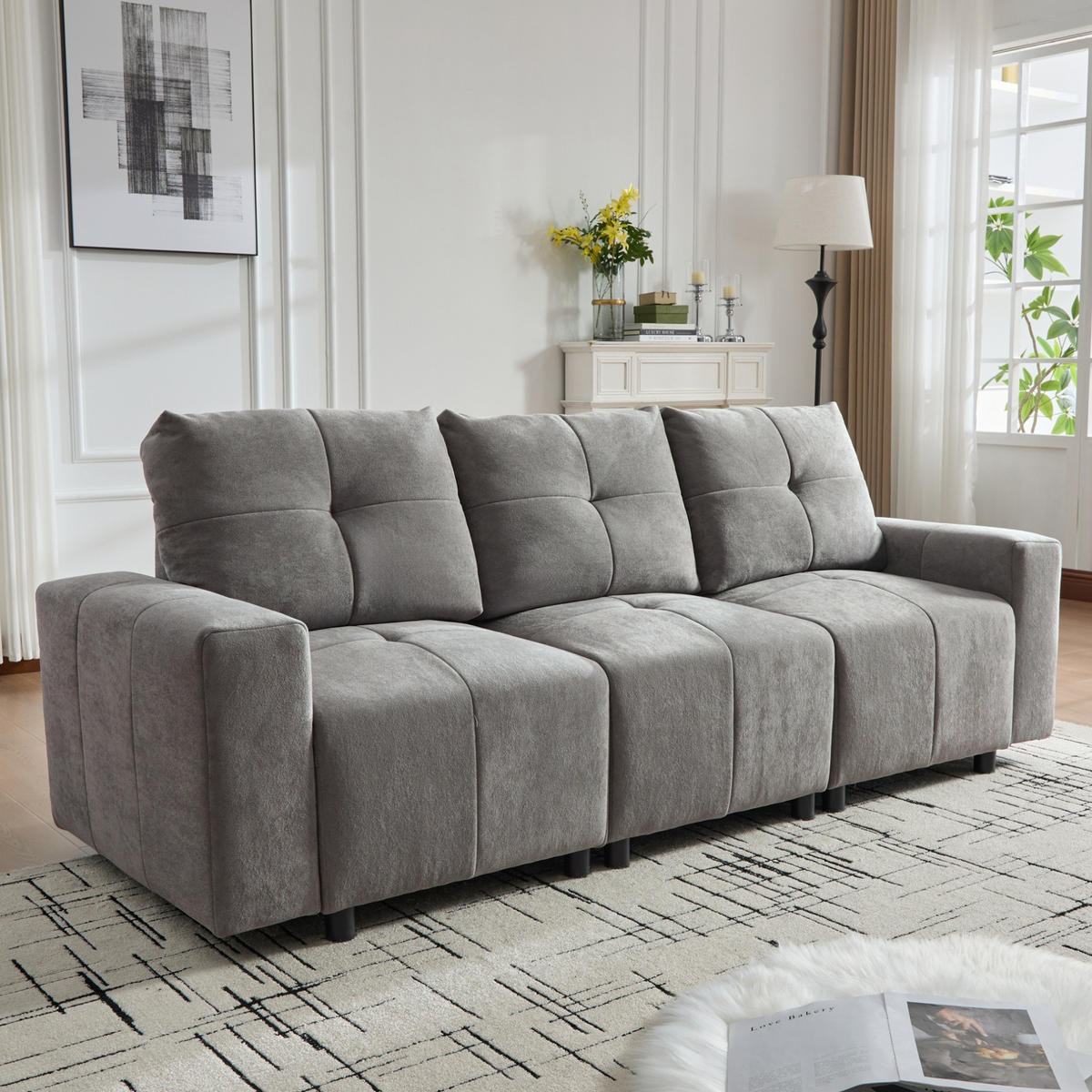 3-SITZER-SOFA aus Chenille 213x94x84 cm Grau mit Schlaffunktion, verstellbarer Sitztiefe und kompakter gerader Form - Grau, Kunststoff (213/84/94cm) - Modfu