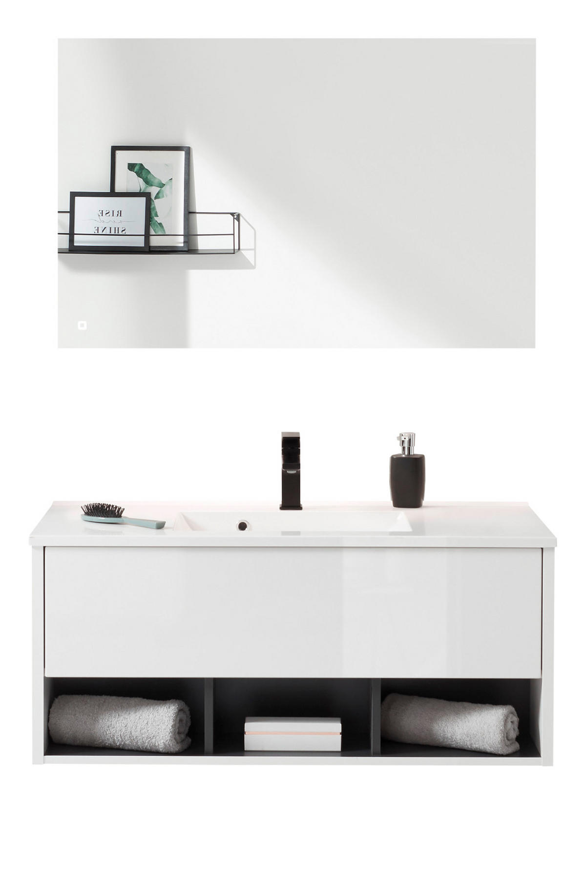 BADMÖBEL Set in weiß Hochglanz und grau mit Waschbecken und LED Beleuchtung 100 x 190 cm Glide - Weiß Hochglanz/Grau, Glas/Holzwerkstoff (100/190/190cm) - Furn.Design