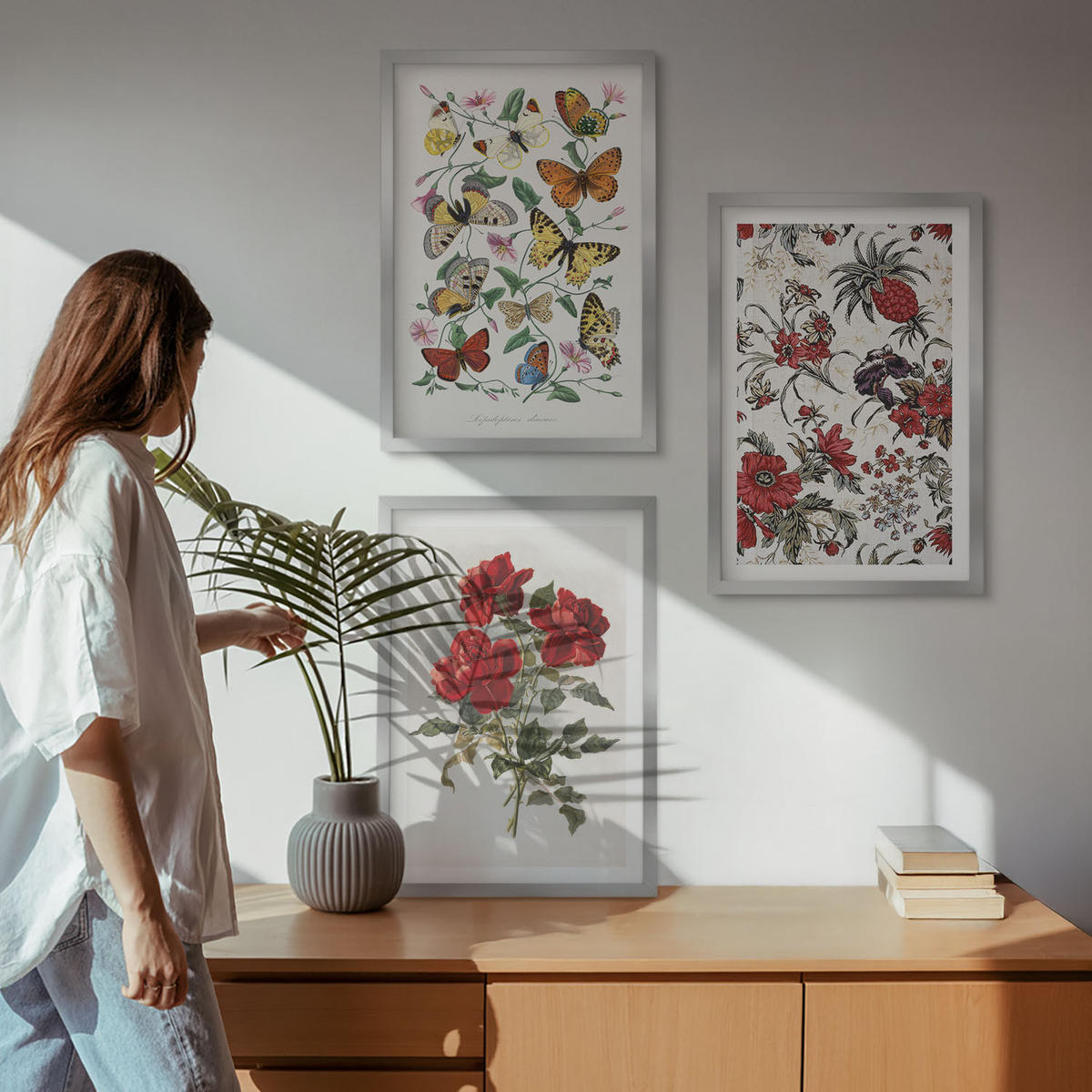 WANDBILDER 3er Set - 40x60 cm Silberner Rahmen - Schmetterlinge, Blumen, rote Rosen - Silberfarben, Kunststoff (40/60cm) - ArtPrintCave