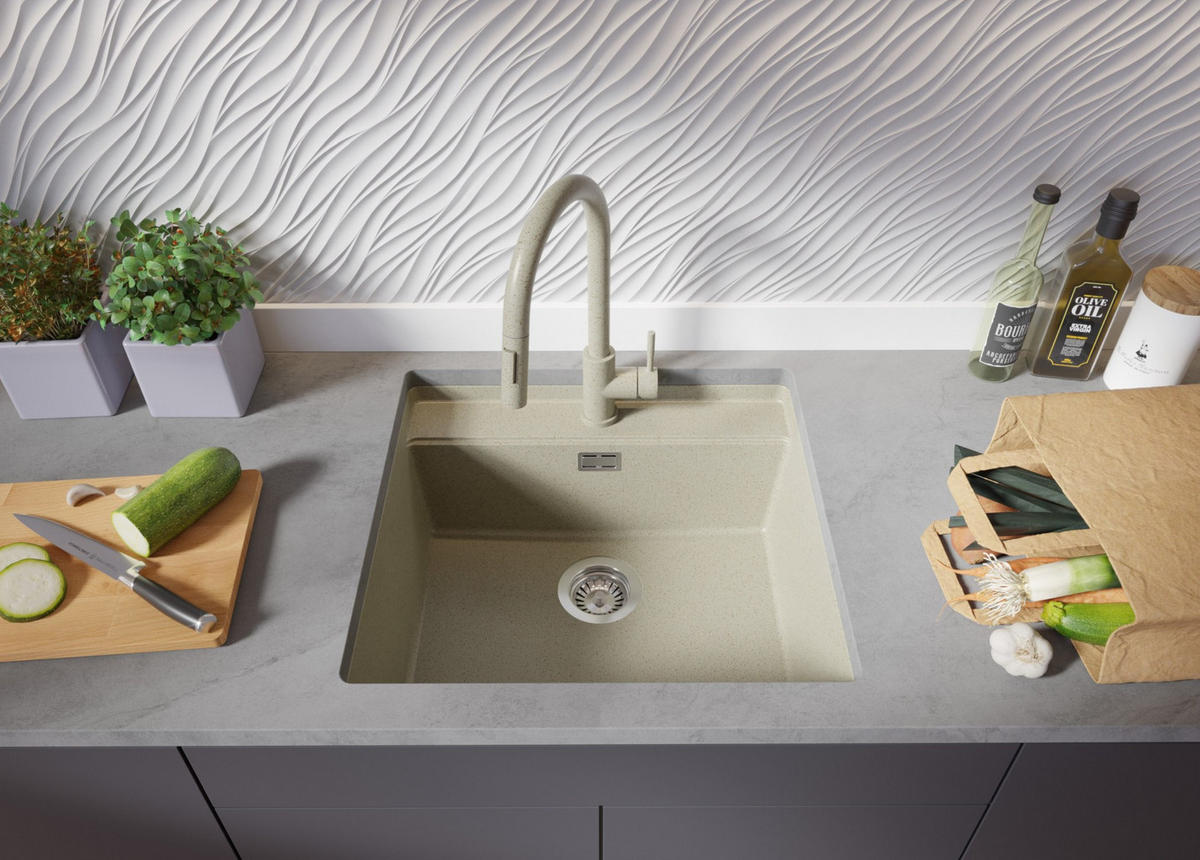 UNTERBAUSPÜLE GRANIT Bergen, 2-er set Beige 56/53 cm 1 Becken + Küchenarmatur 32/20 cm + Ablauf-Set + Schneidebrett ab 60er Unterschrank - Chromfarben/Beige, Kunststoff (56/20/53cm) - Primagran