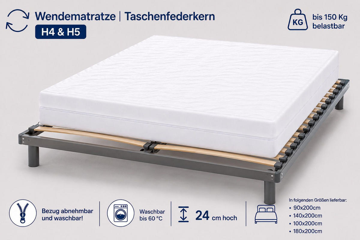 TASCHENFEDERKERNMATRATZE MW24 180x200 cm 24 cm Hoch H4/H5 - Weiß, Textil (180/200cm) - Matratzen Perfekt