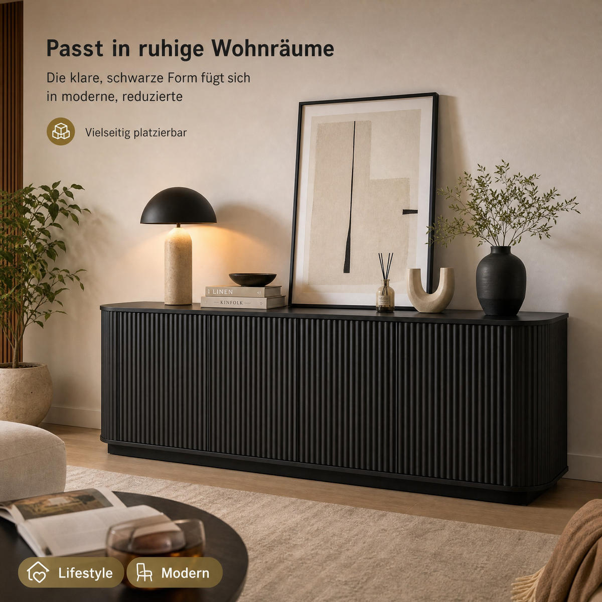 SIDEBOARD 162.5/38/61 cm Schwarz aus MDF mit Wellenmuster - Schwarz, Metall (38/61/162.5cm) - OKMYHOME