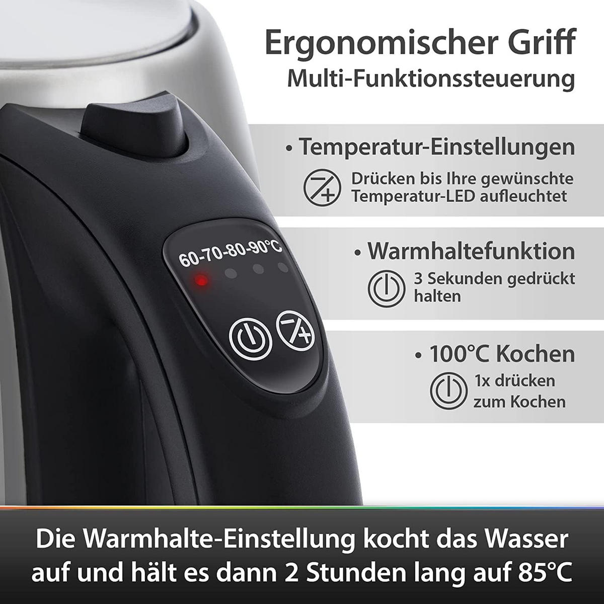 WASSERKOCHER – 2200W Edelstahl 1,7L mit Temperaturregelung 60–90°C, LCD Display, BPA-frei, 360° Basis, Schnelles Aufkochen, Überhitzungsschutz - Silberfarben/Schwarz, Kunststoff/Metall (22/15/22cm) - camry