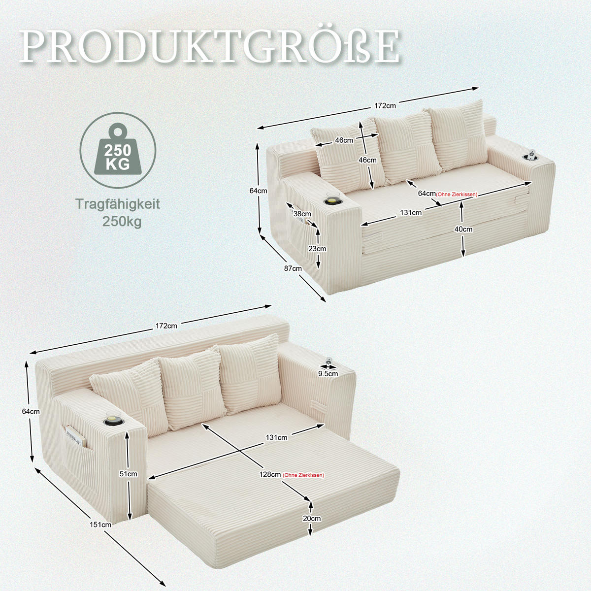 2-SITZER Bodensofa ausklappbar, Getränkehalter/Seitentaschen, Cord, Beige - Beige, Textil (172/64/87cm) - LVHOM