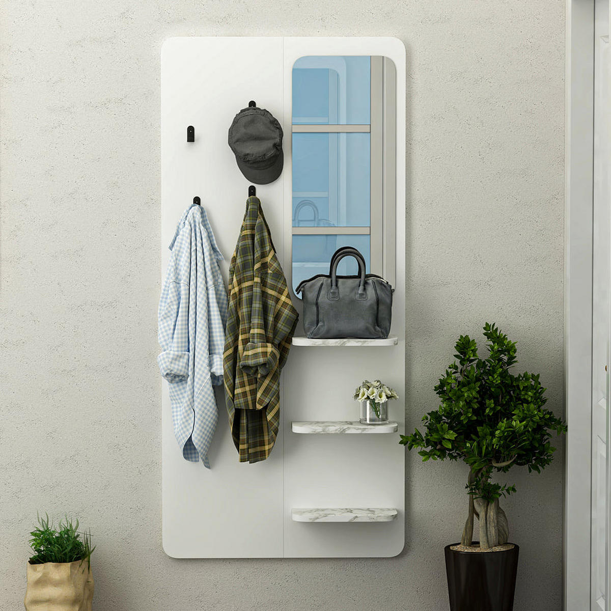 GARDEROBE Buket Weiß Marmor Optik mit Spiegel 9246 - Weiß, Holzwerkstoff (70/150/15cm) - moebel17