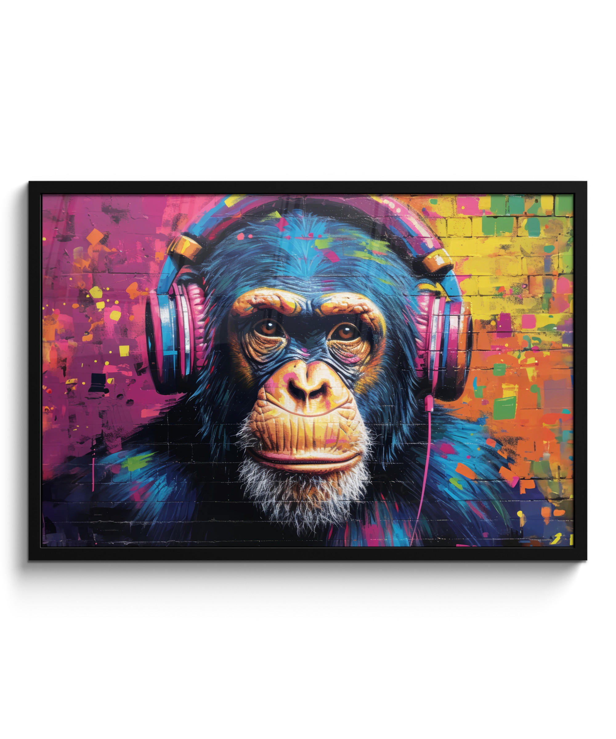 POSTER MIT RAHMEN Graffiti - Schimpanse - Straßenkunst - Kopfhörer - Affe 90x60 cm - Blau, Papier (90/60cm) - MuchoWow