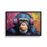 POSTER MIT RAHMEN Graffiti - Schimpanse - Straßenkunst - Kopfhörer - Affe 90x60 cm - Blau, Papier (90/60cm) - MuchoWow