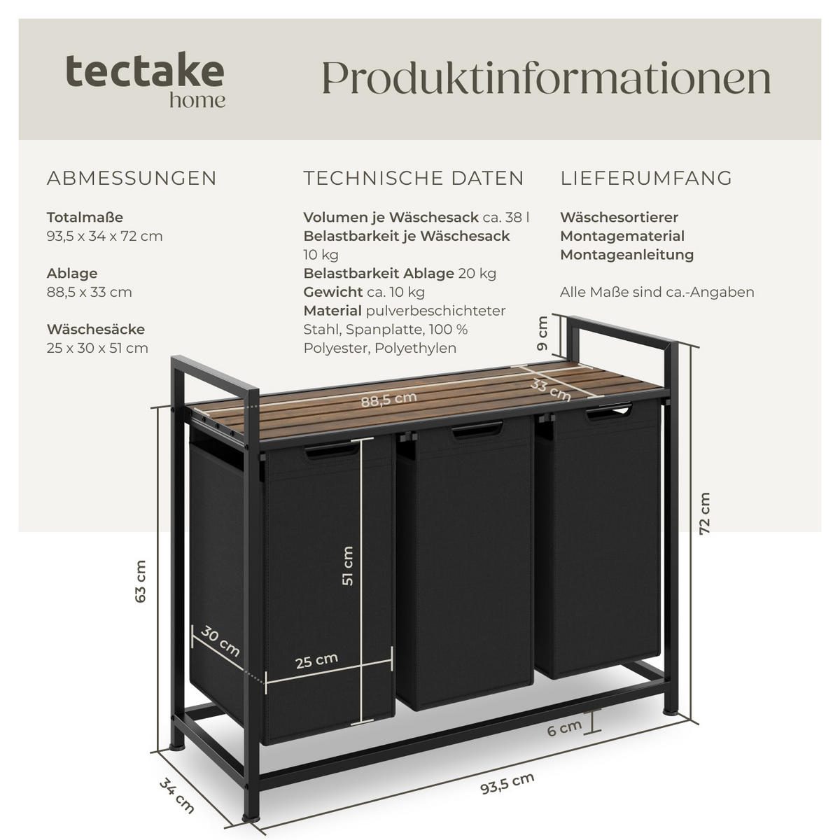 WÄSCHESORTIERER, höhenverstellbare Kunststofffüße,schwarz/braun - Schwarz/Braun, Metall (93.5/72/34cm) - tectake