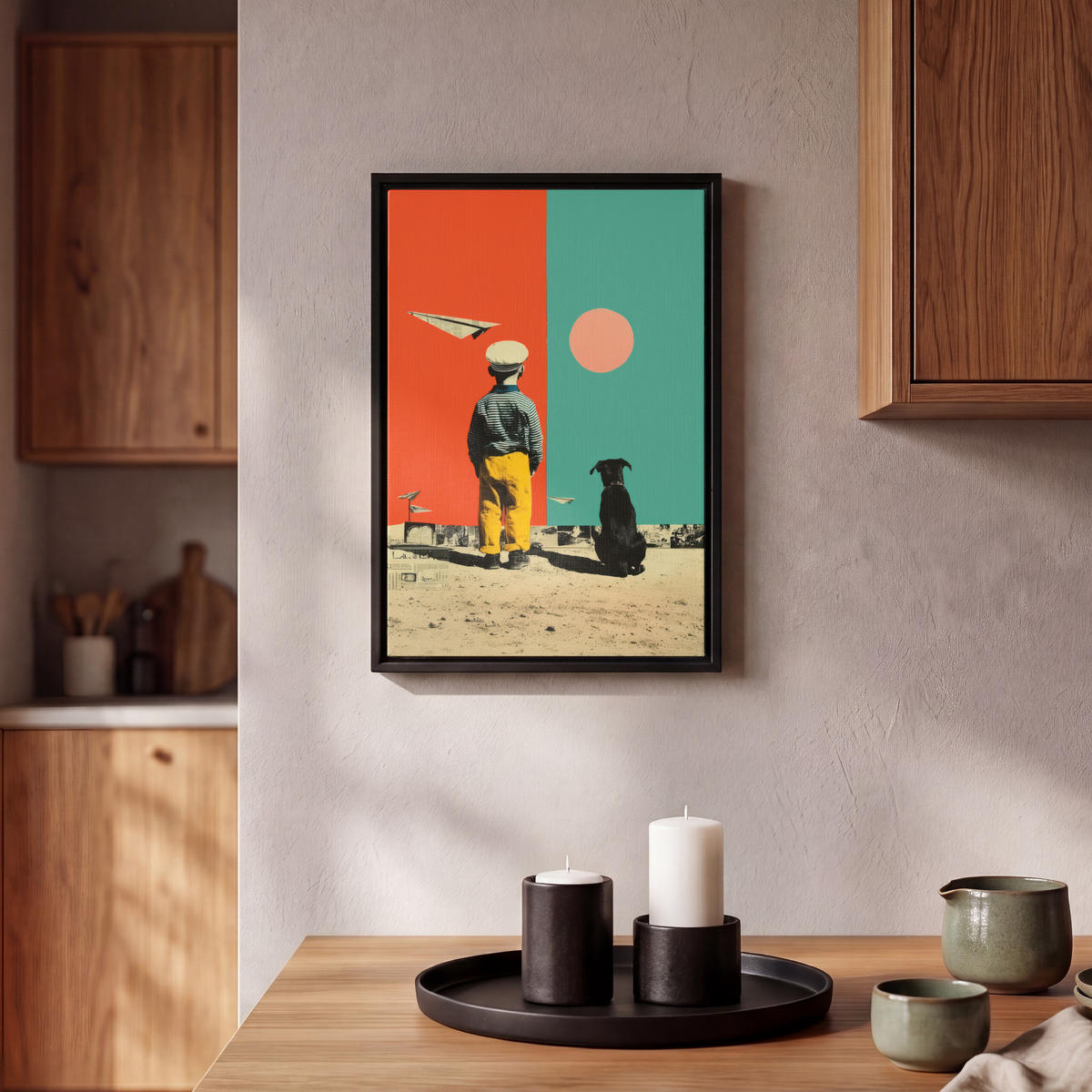 LEINWAND Bilder mit Rahmen - Retro - Junge - Hund - Rot - Grün - 20x30 - Orange, Textil (20/30cm) - MuchoWow