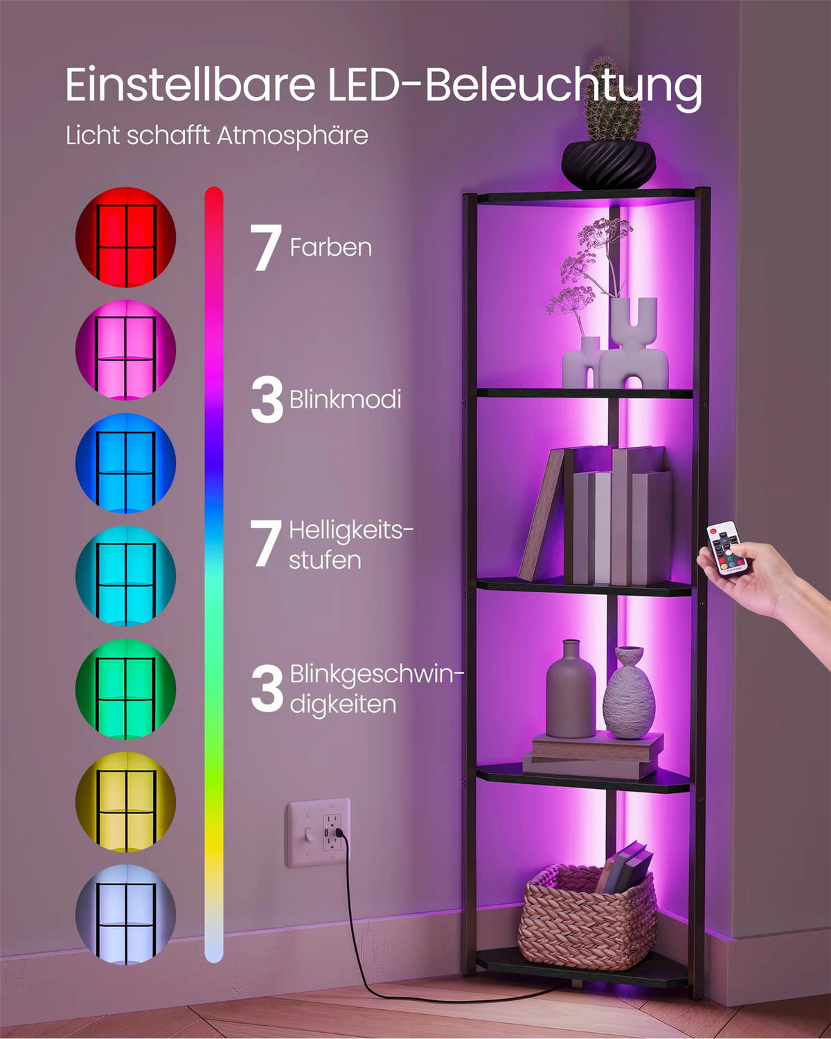 ECKREGAL 5 Ebenen Bücherregal mit LED-Beleuchtung - Schwarz, Metall (32/146.6/48cm) - Kaket