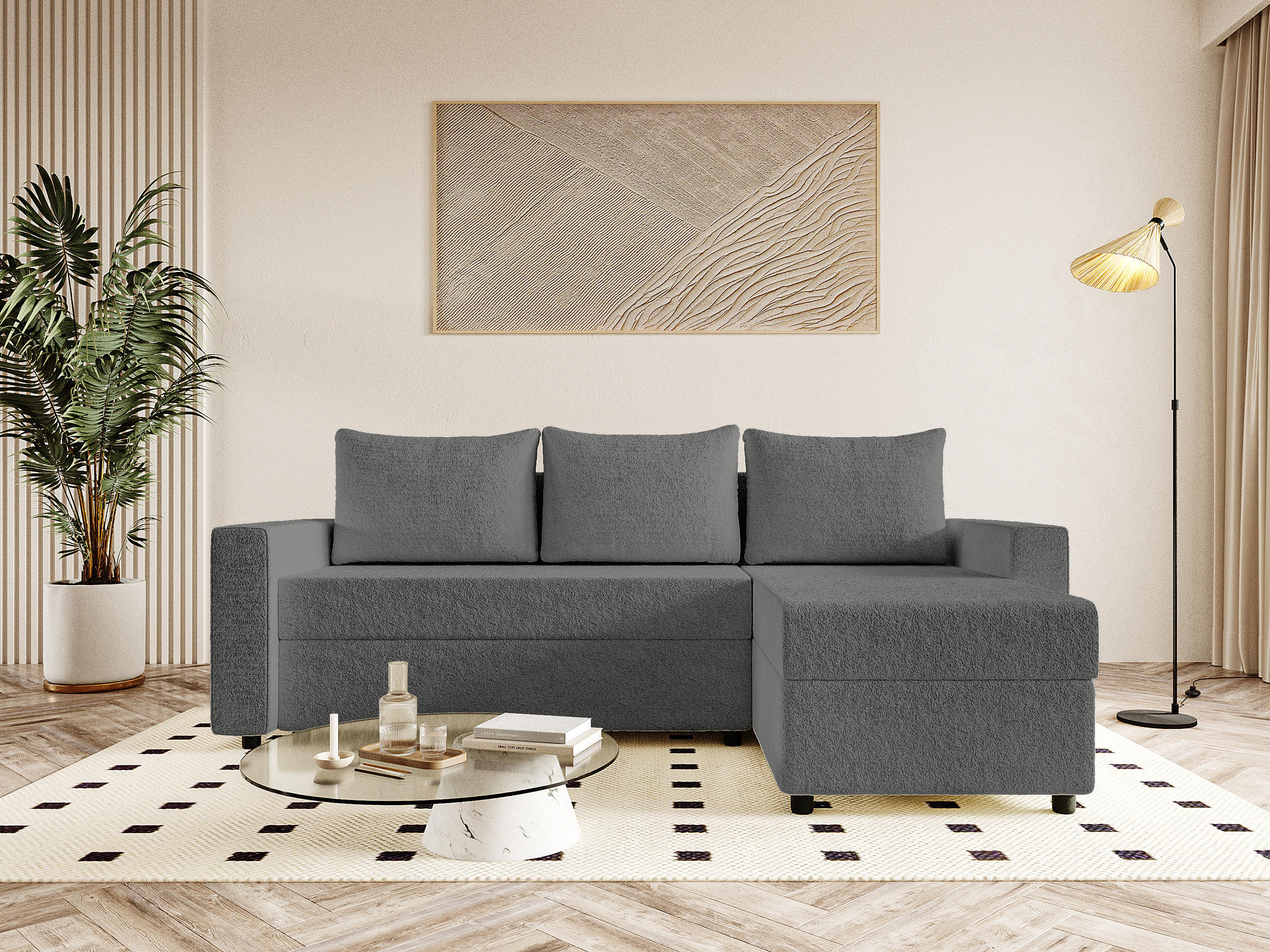 ECKSOFA Goka Lux L mit Schlaffunktion und 2 Bettkästen, Graphit - Graphitfarben, Textil (230/146cm) - Fedve