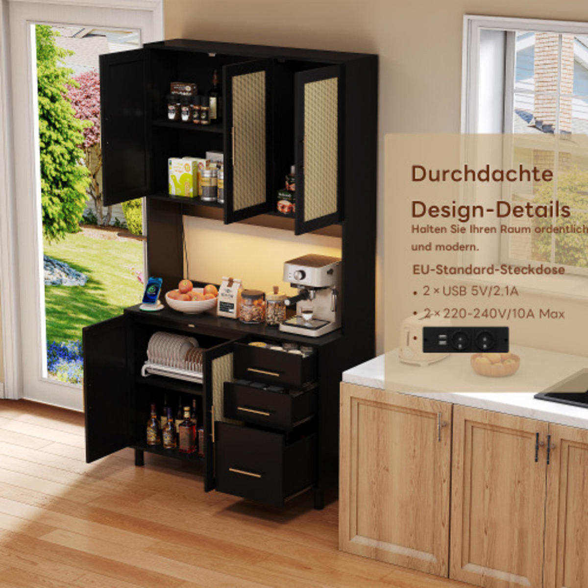 KÜCHENSCHRANK Schwarz aus MDF mit Rattanfront, LED-Beleuchtung und integrierten Steckdosen 100×40×183 cm - Schwarz, Holzwerkstoff (100/183/40cm) - Luhomfu