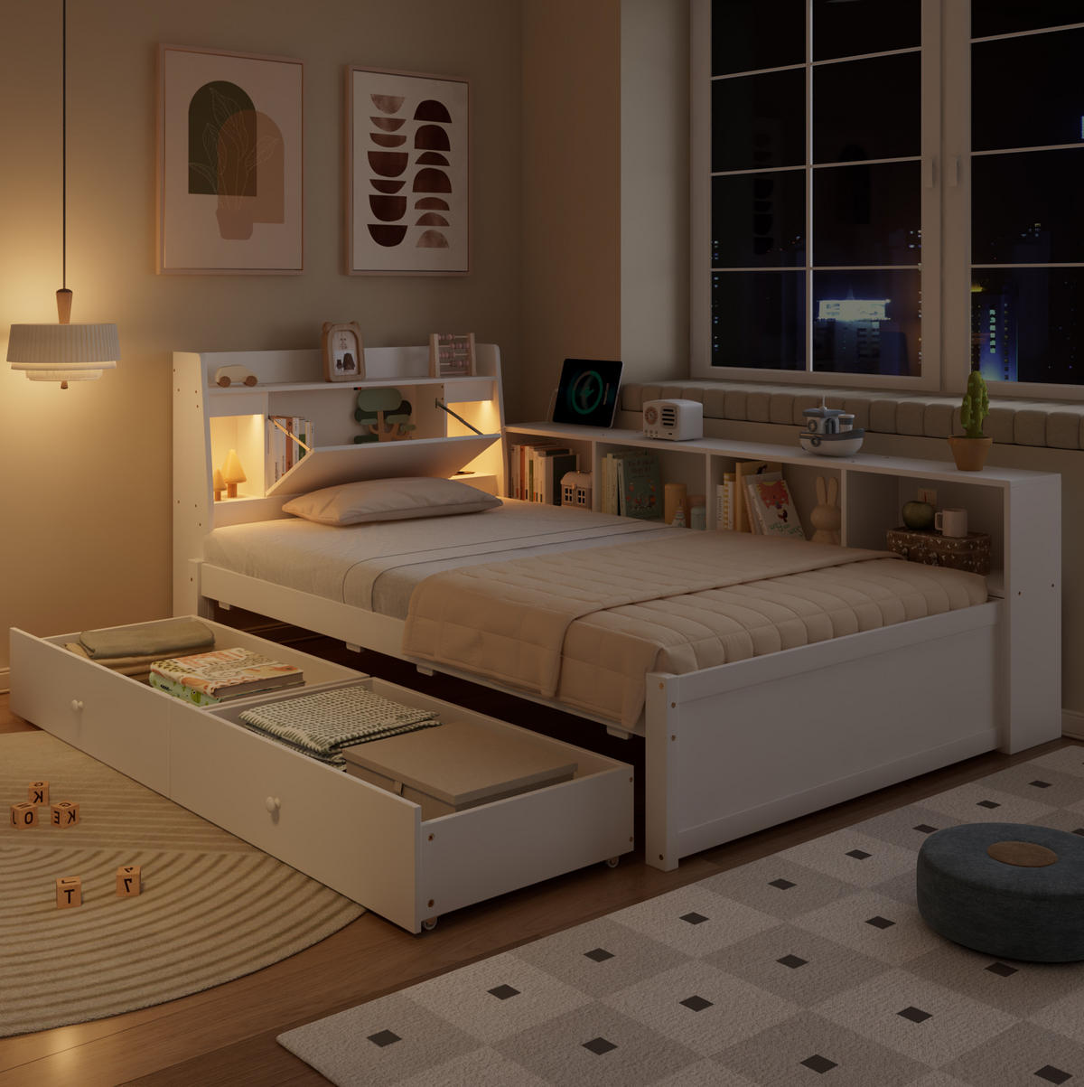 BETT 90/200 cm Weiß aus Kiefer/MDF mit Stauraum und Ladebuchse - Weiß, Holz (90/200cm) - OKMYHOME