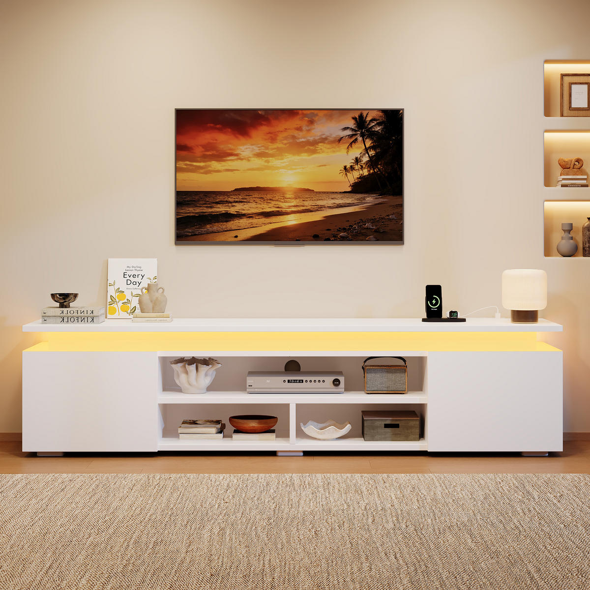 TV niska komoda 180/35/42 cm u bijeloj boji s RGB LED rasvjetom i prostorom za odlaganje - bijela/crna, drvni materijal (180/42/35cm) - CHICFURN