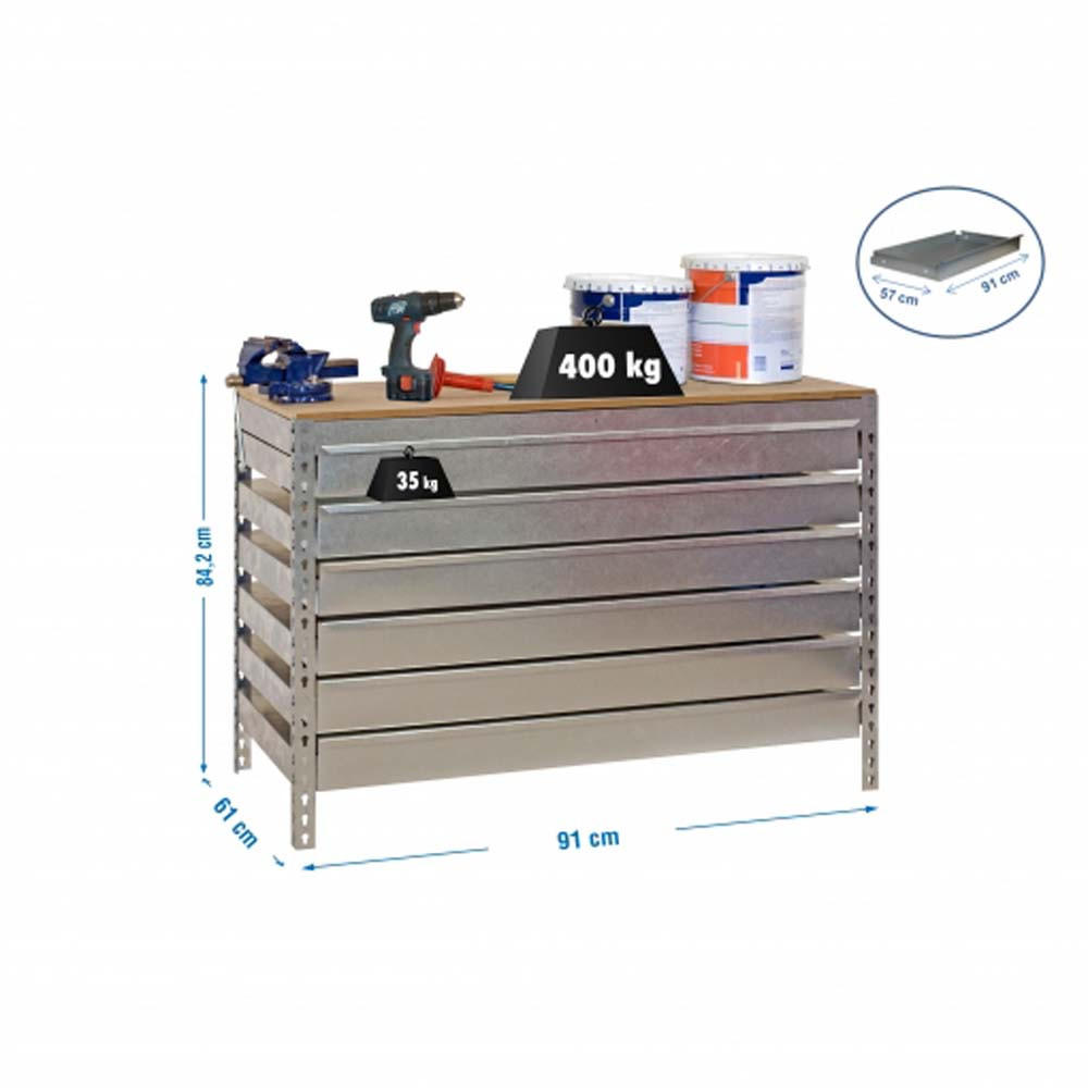 WERKBANK BUFFALO mit Schubfächern | HxBxT 84x90x61cm | Traglast 600kg | Verzinkt - Silberfarben, Metall (90/84/76cm) - PROREGAL