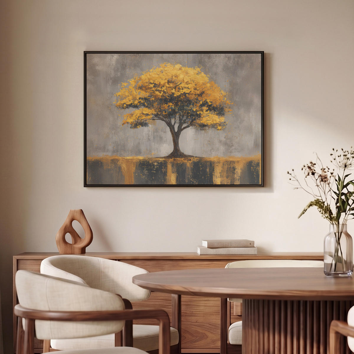 LEINWAND Bilder mit Rahmen - Baum - Blätter - Gold - Abstrakt - 80x60 - Grau, Textil (80/60cm) - MuchoWow