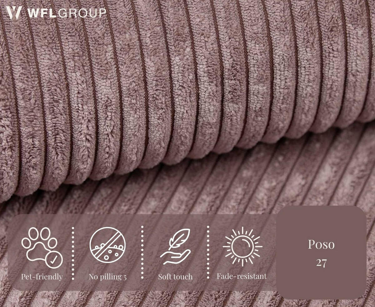 ECKSOFA Hana Loft 3-Sitzer Ecke Rechts, Cordstoff Chenille, Altrosa Rosa 241/80/168 cm - Schwarz/Rosa, Textil/Metall (241/168cm) - WFL GROUP