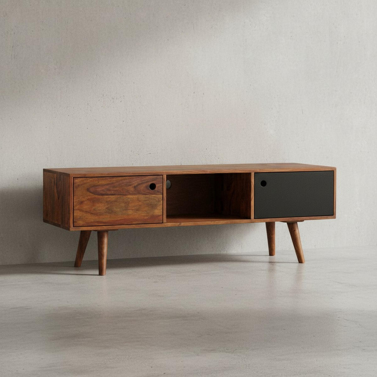 TV-LOWBOARD Massivholz, rustikaler Landhausstil, einzigartige Maserung, Schwarz 140x35x45 cm - Dunkelbraun/Schwarz, Holz (140/45/35cm) - KADIMA DESIGN