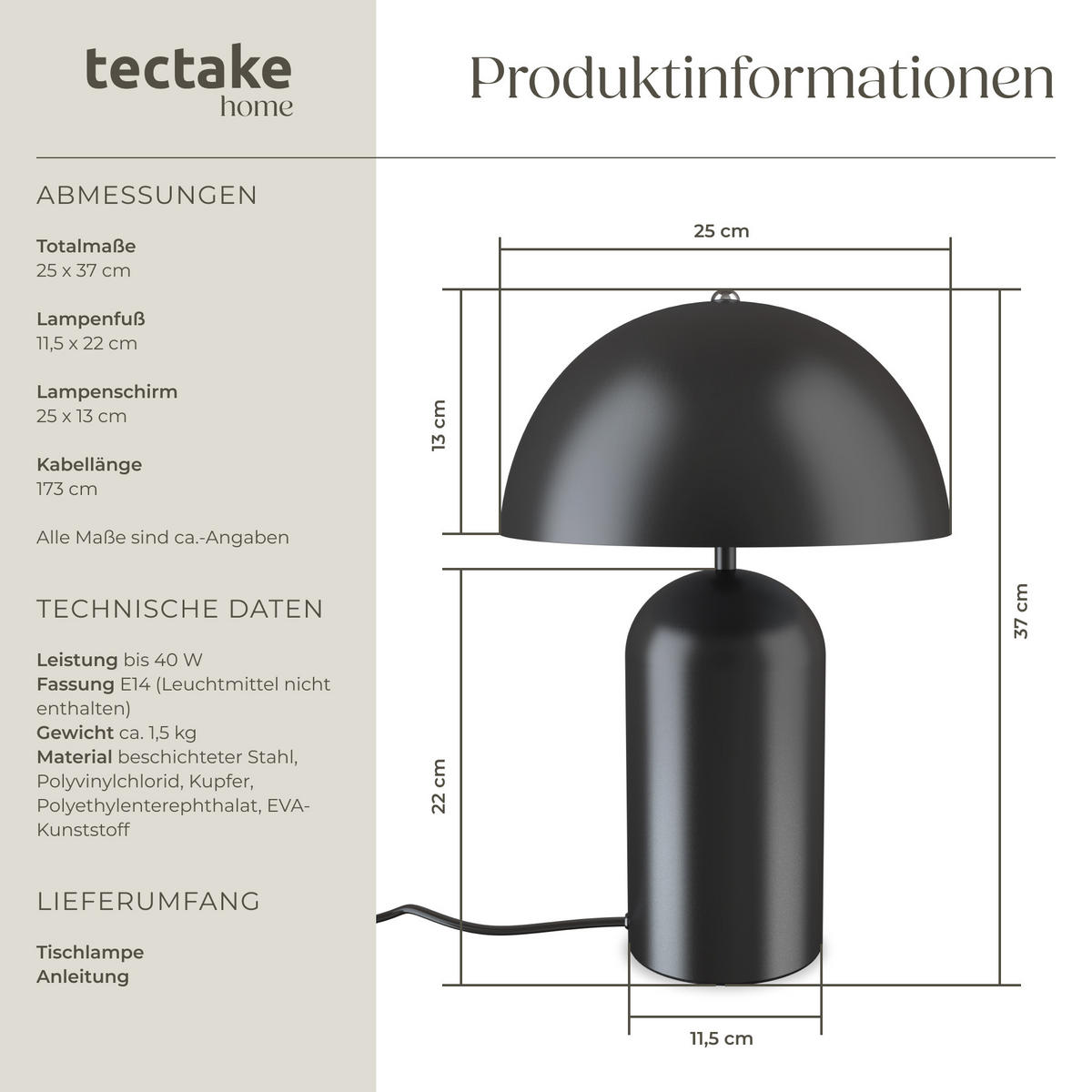 RETRO-TISCHLAMPE Altea,25 x 37 cm,schwarz - Schwarz, Metall (25/25/37cm) - tectake