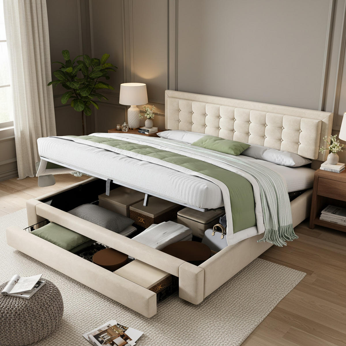 POLSTERBETT 180x200 Samt Lattenrost Stauraum Schubladen Beige - Beige, Textil (180/200cm) - FLIEKS