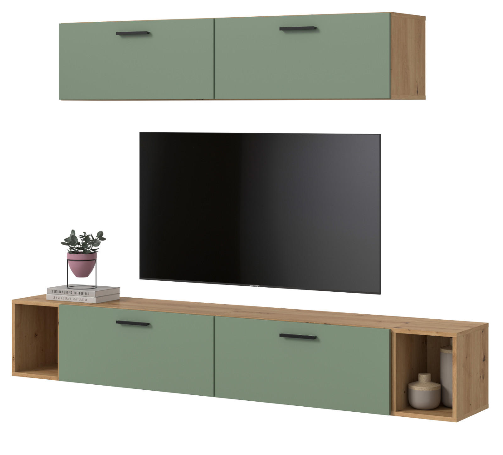 Inn.Furn Wohnwand Eiche Artisan, Grün 202x184x34 cm